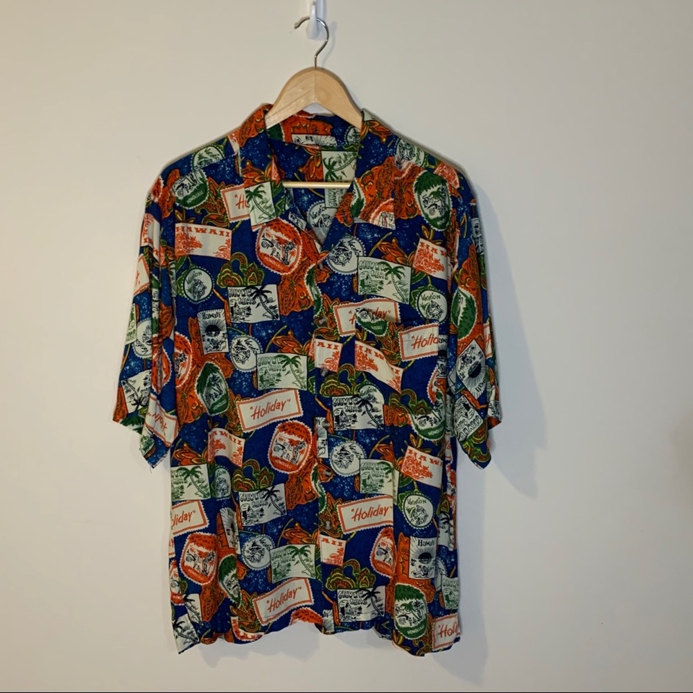 Hawaiian Holiday Vacation Print Button Down Short Sleeve Shirt Mens Large